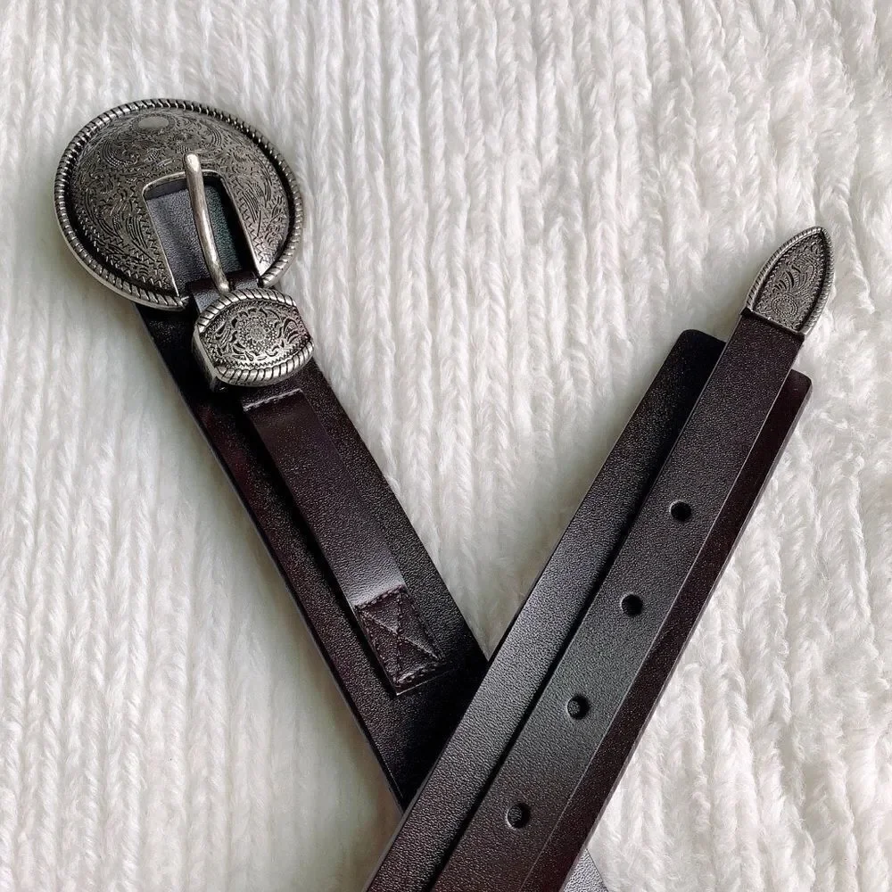 Vintage Style Genuine leather Belt with Floral Engraved Pattern Buckle